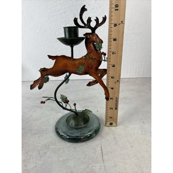 Vintage Handmade Metal Reindeer Glass Base Candle Holder 10.5”HX 7”W Phillipines - Picture 8 of 10